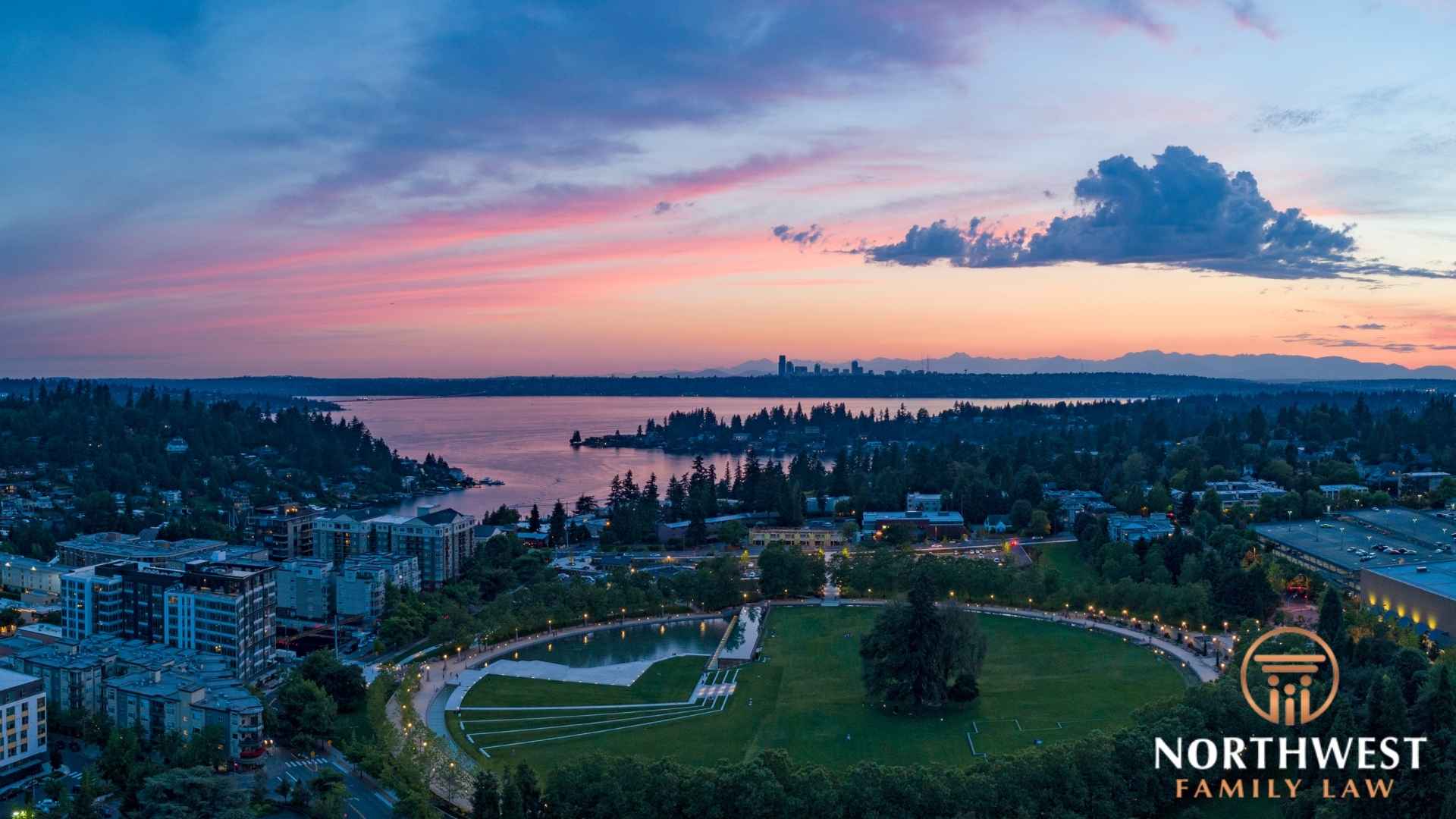 Sunset over lake and city of Bellvue, Washington skyline view