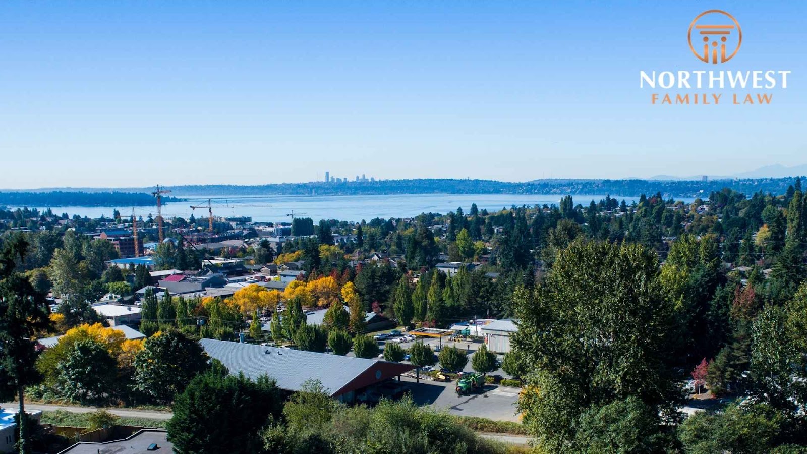 Panoramic view of kirkland and water landscape.