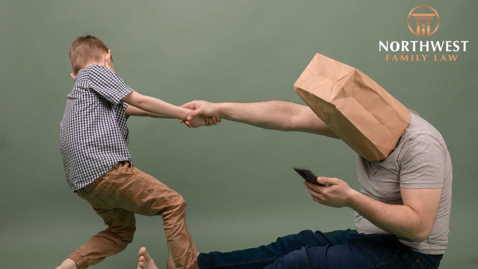 Child pulling paper bag man's hand, phone distracted.