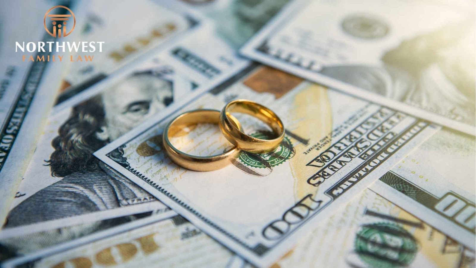 Wedding rings on dollar bills, divorce cost concept.