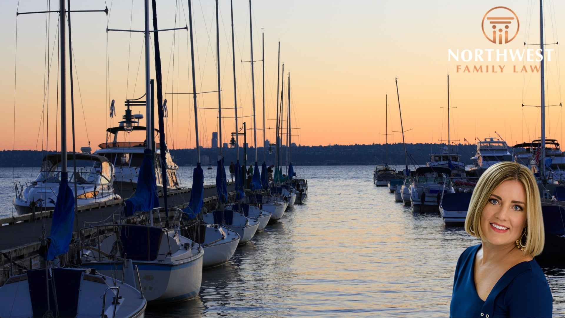 Marina at sunset with moored sailboats in Kirkland.