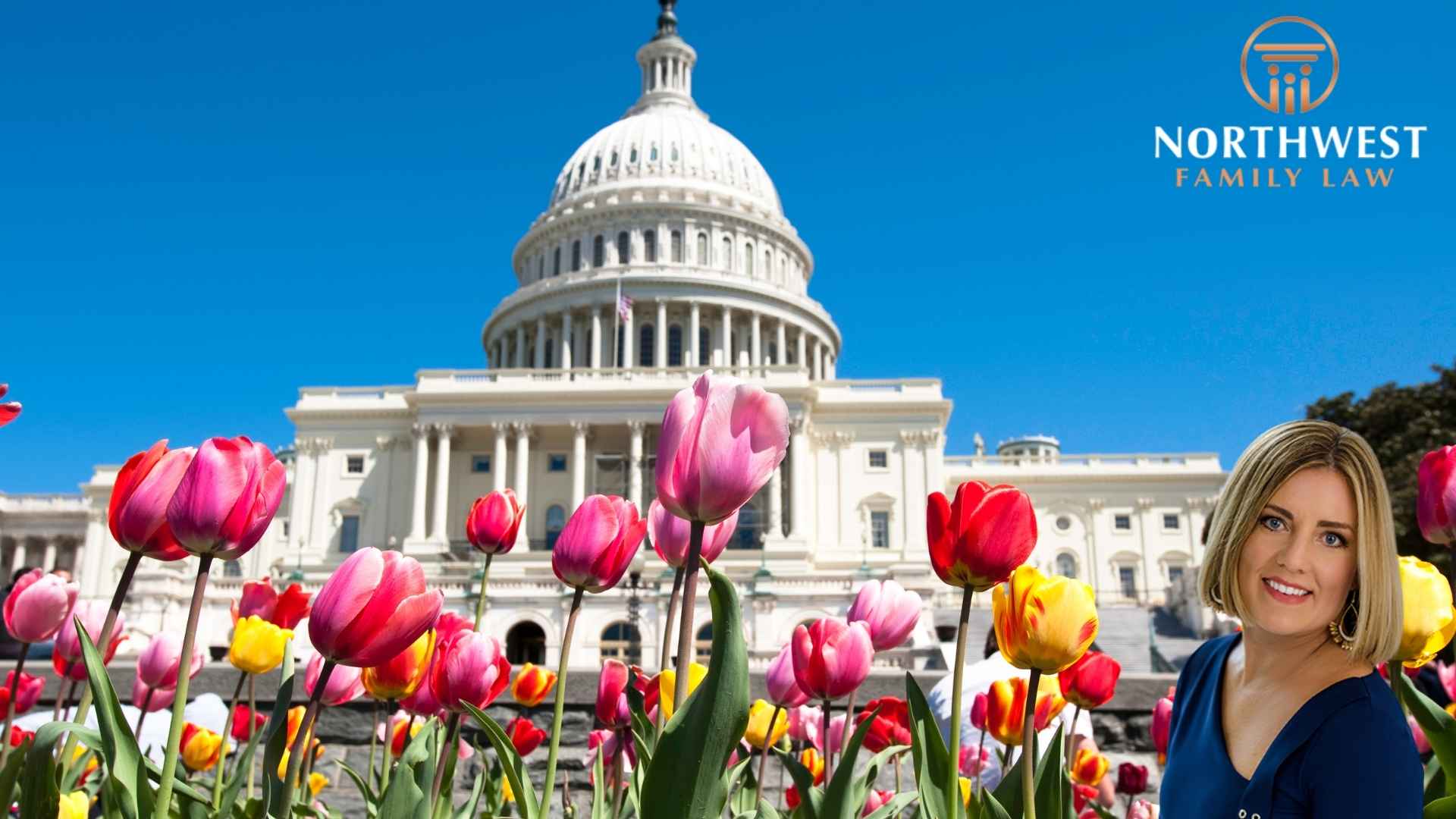 Capitol building with tulips and person (monica chin, guardianship lawyer) smiling.