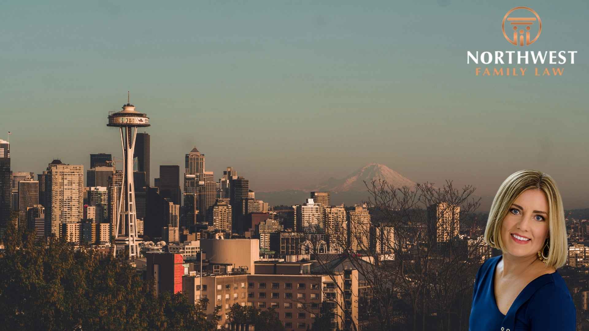 Seattle skyline with monica chin, family lawyer, in the foreground.