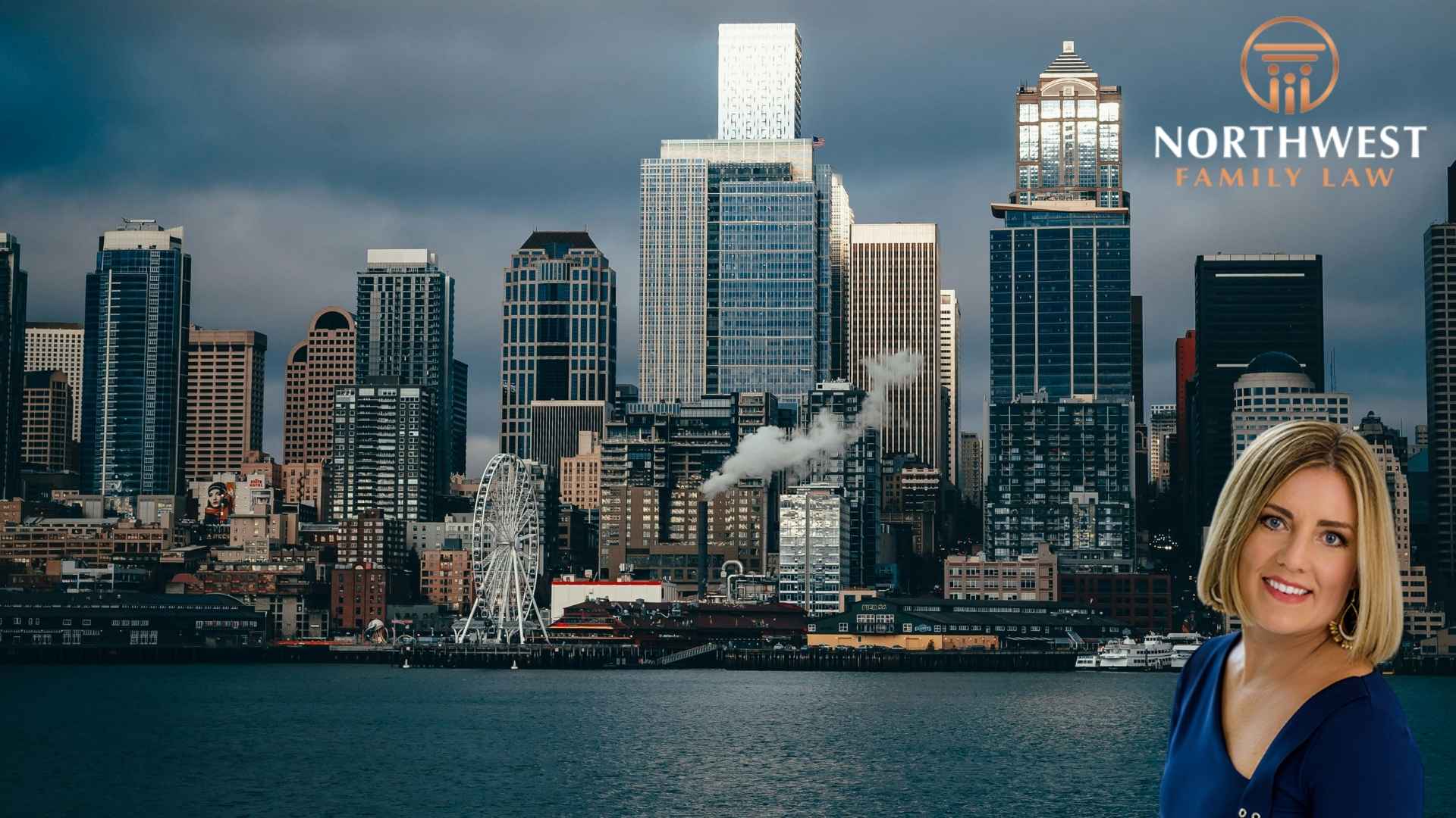 Seattle skyline with monica chin, family lawyer, in the foreground.
