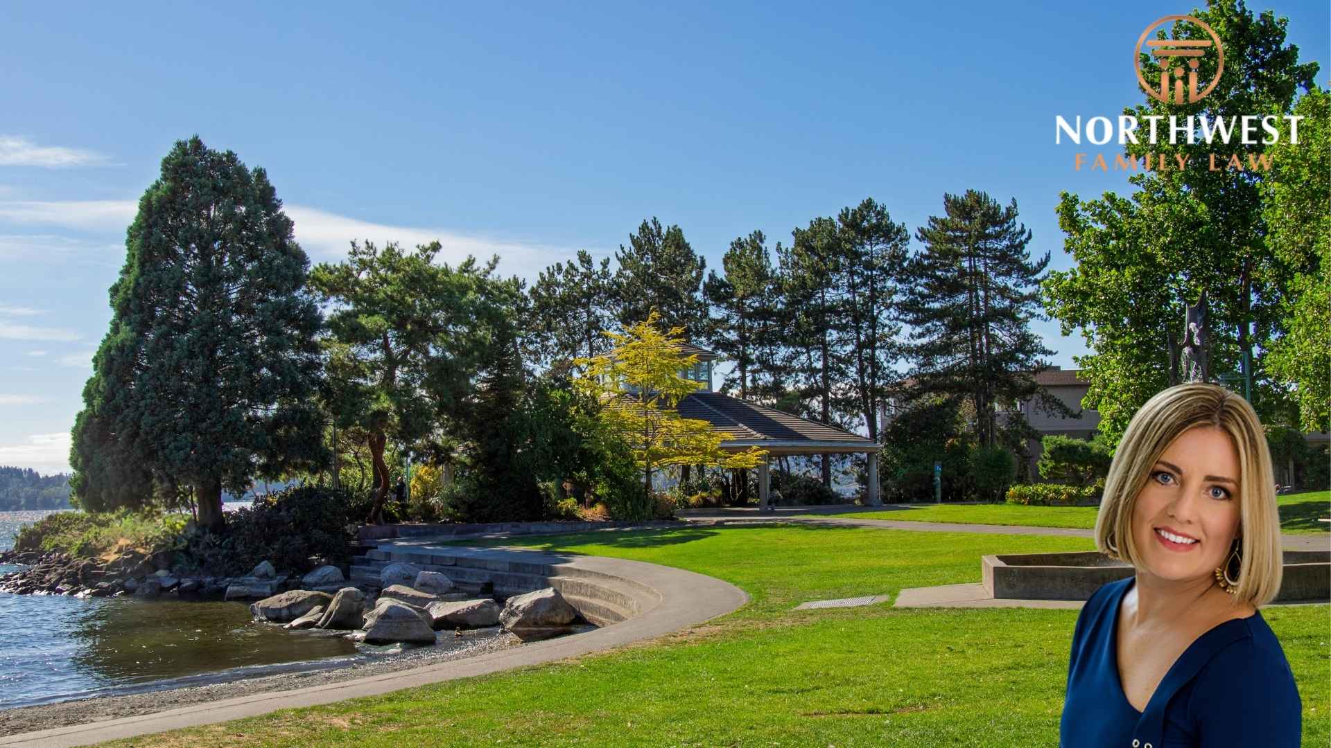 Lakeside park in Kirkland, WASHINGTON with trees and pavilion, sunny day.