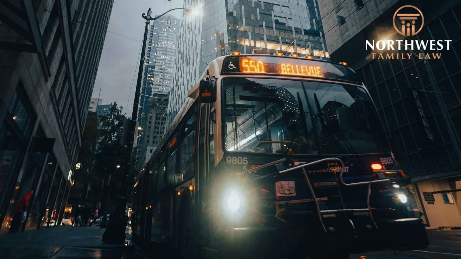 Urban bus 550 Bellevue downtown cityscape.