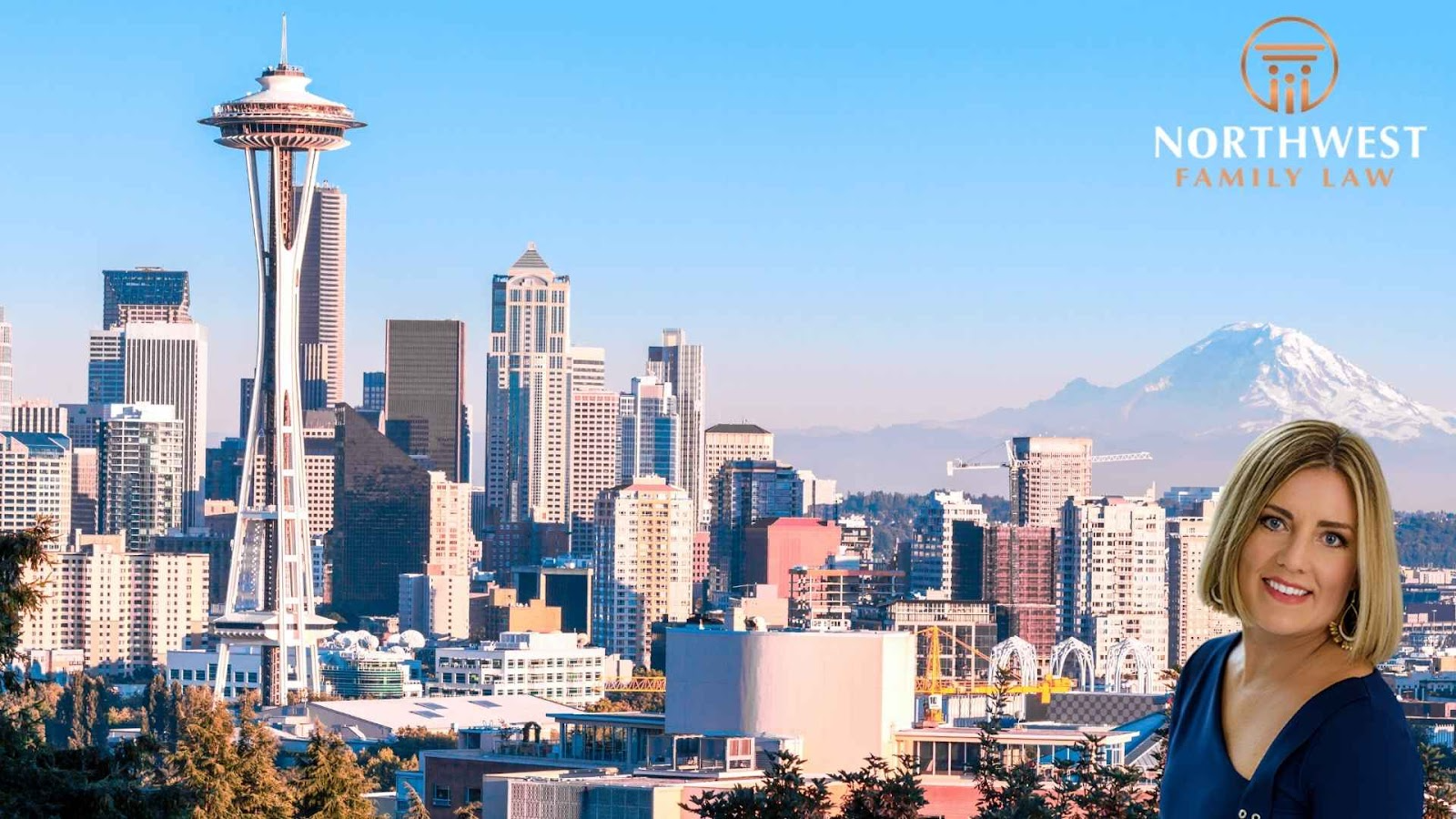 Seattle skyline with Monica Chin, family lawyer, in the foreground.