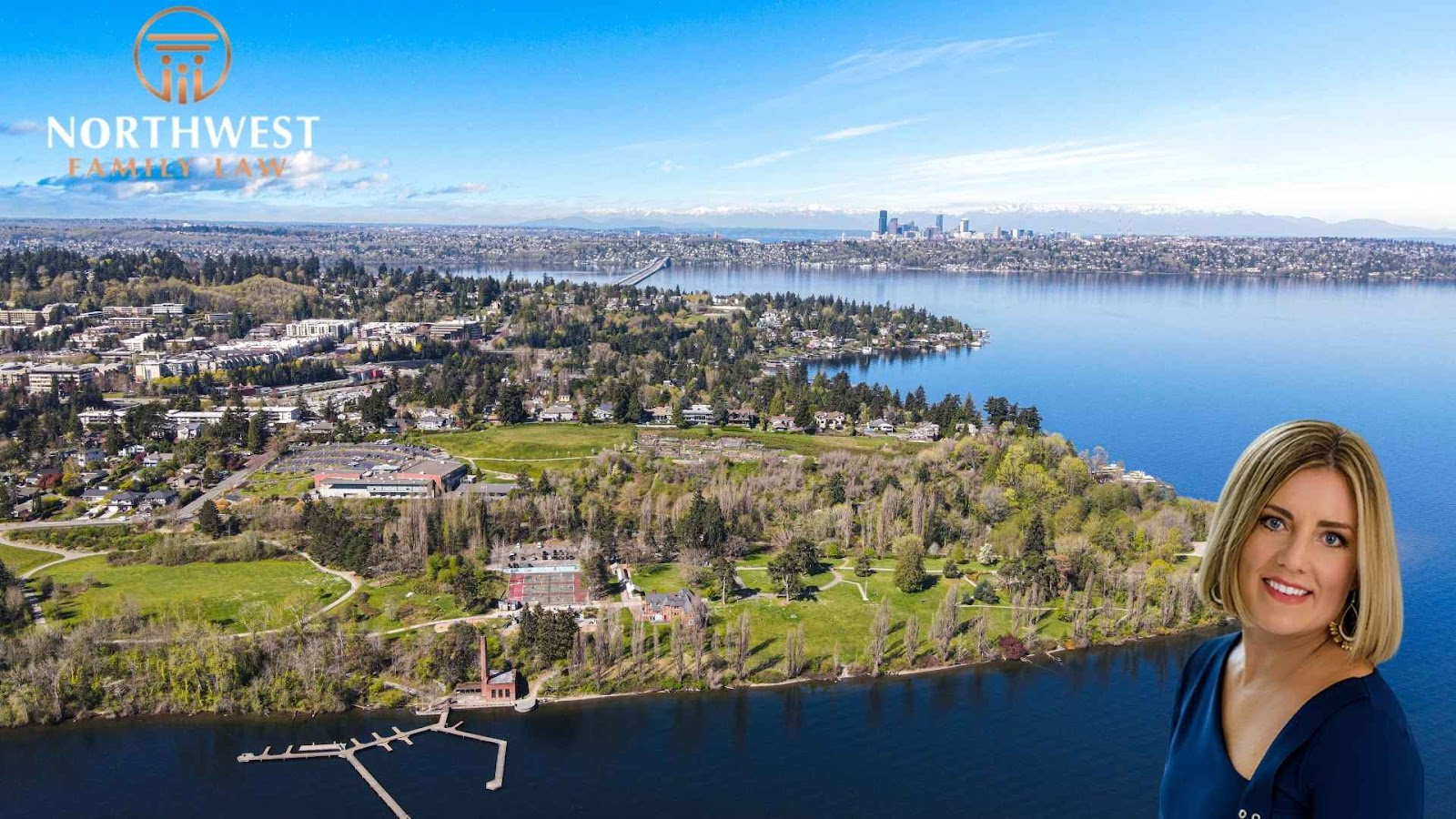 Aerial view of mercer island, WA, with monica chin, family law attourney in the foreground.