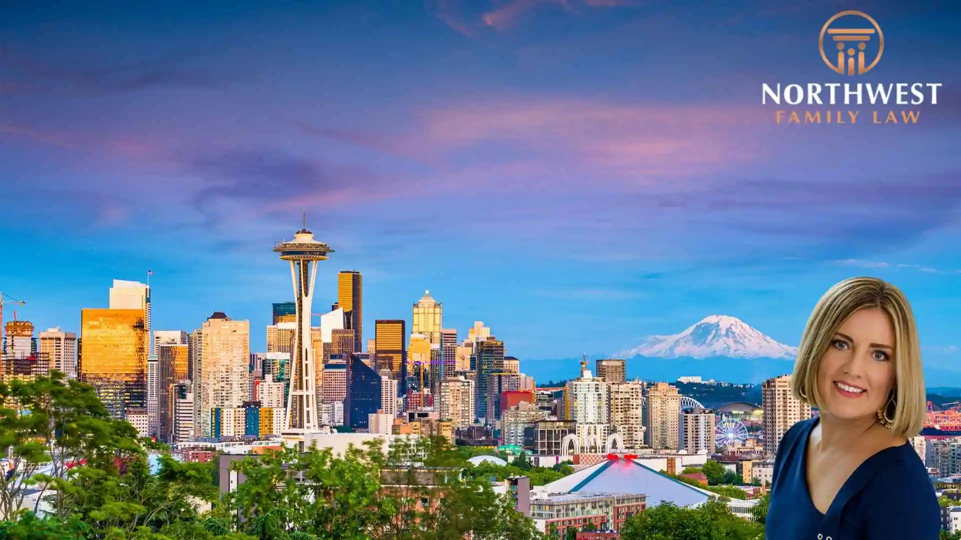 A view of the downtown Seattle skyline where child support services are often needed. An image of family lawyer, Monica Chin, can be seen in the corner.