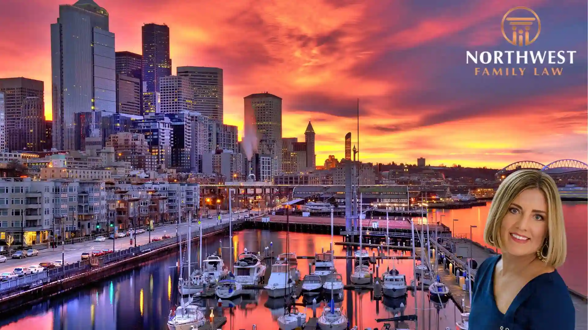 Downtown Seattle with a marina visible, where collaborative lawyer services are often needed. Family Lawyer, Monica Chin, can be seen in the corner.