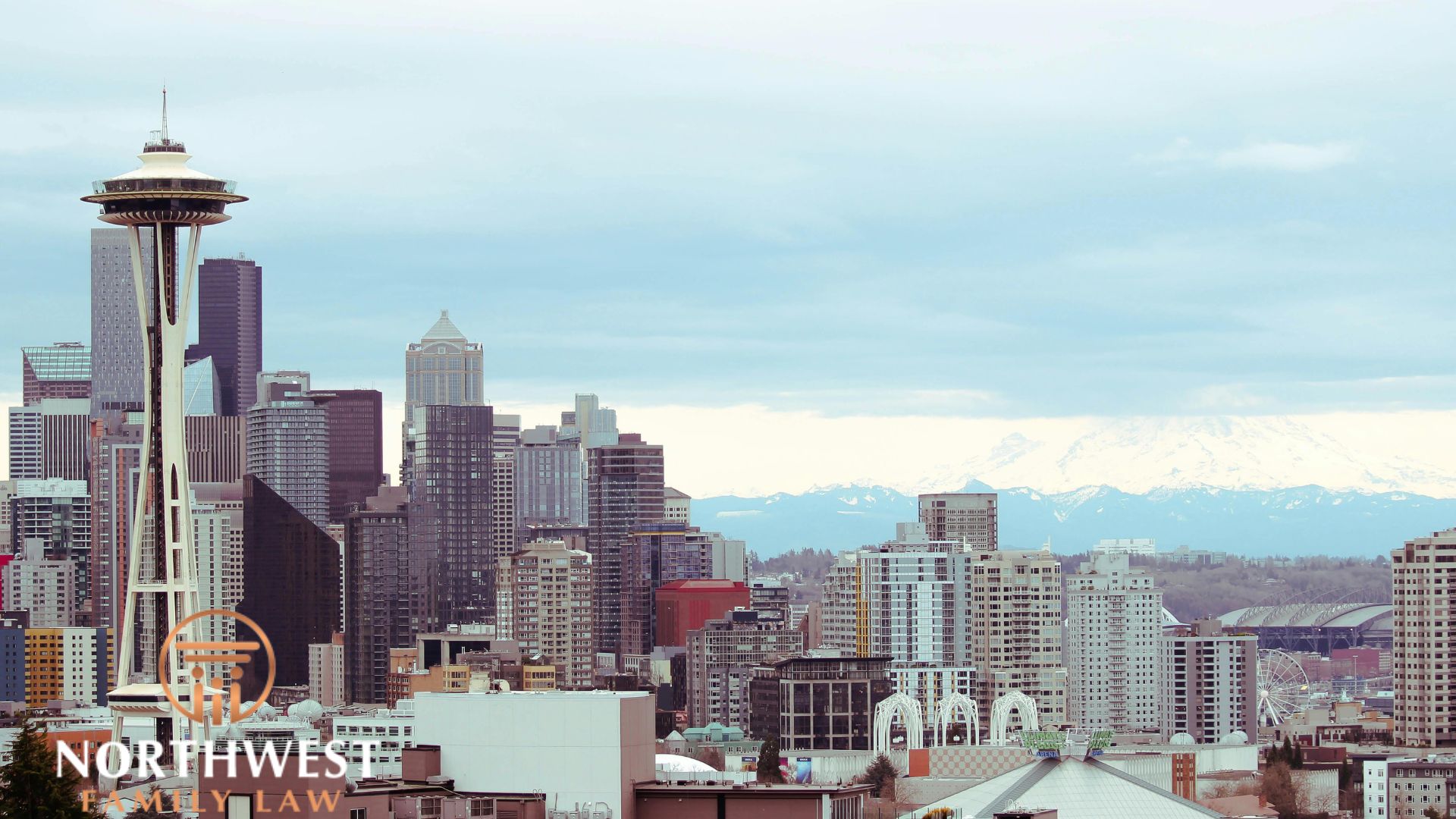 Seattle skyline with Space Needle and mountains