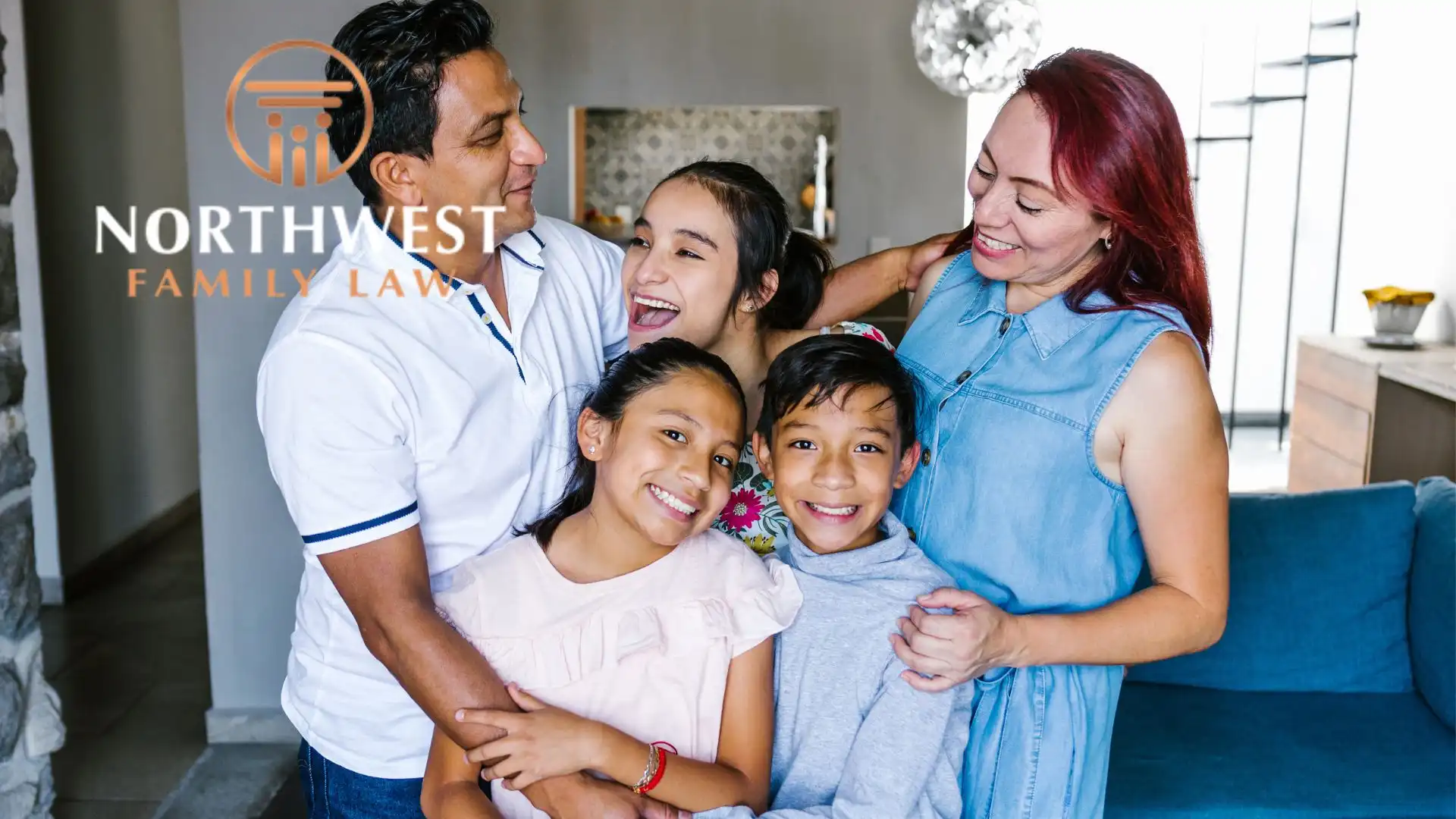 Smiling blended family of five embracing at home