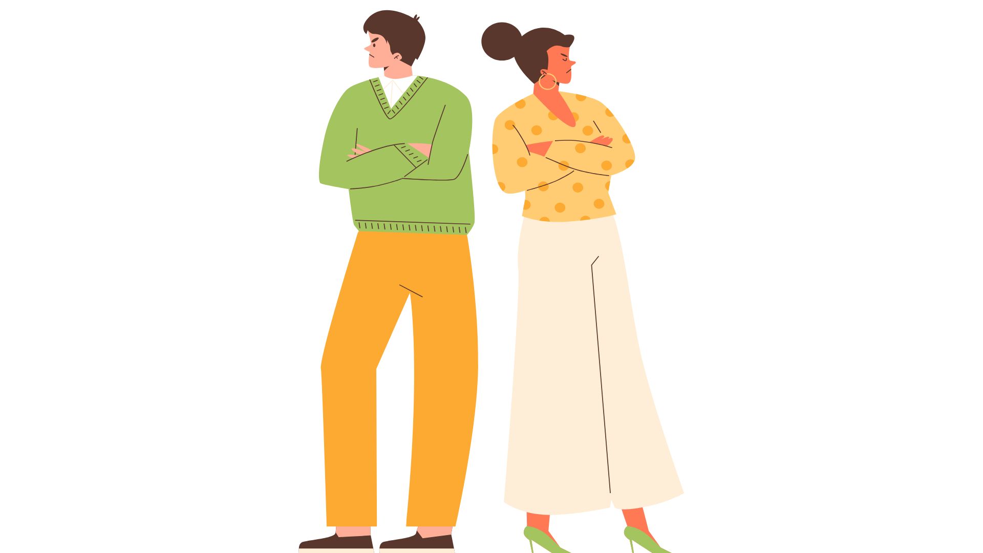 Illustrated couple standing back to back with arms crossed
