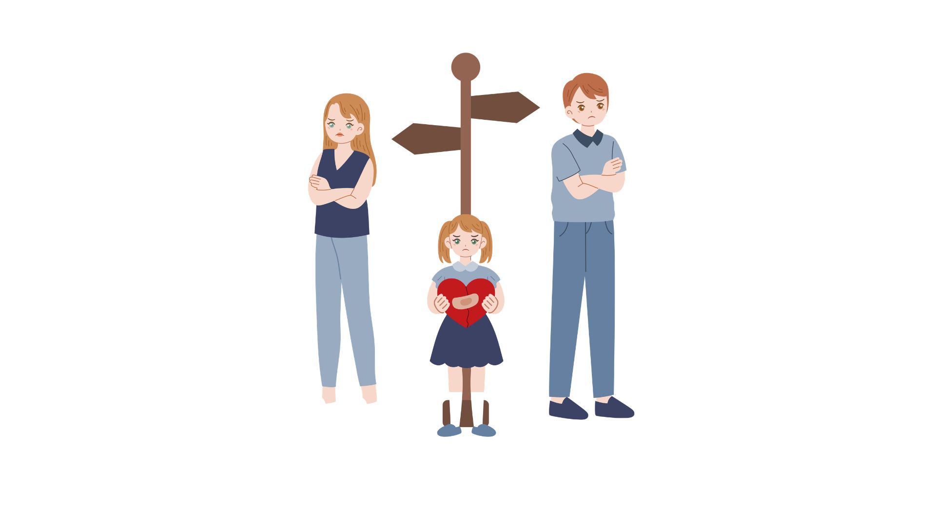 Child holding broken heart between separated parents
