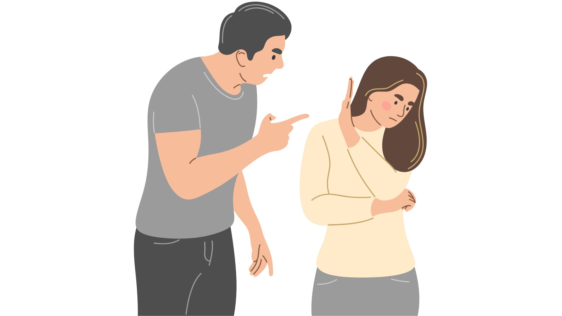 Man angrily pointing at distressed woman