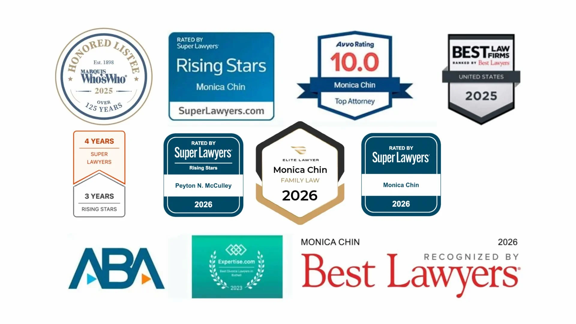 Collection of law firm awards and recognition badges for Northwest Family Law