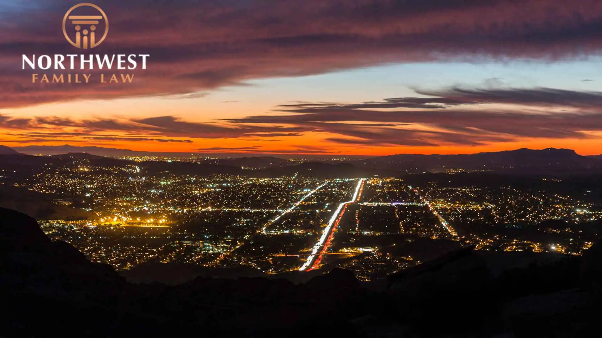 Northwest Family Law logo above a glowing city sunset
